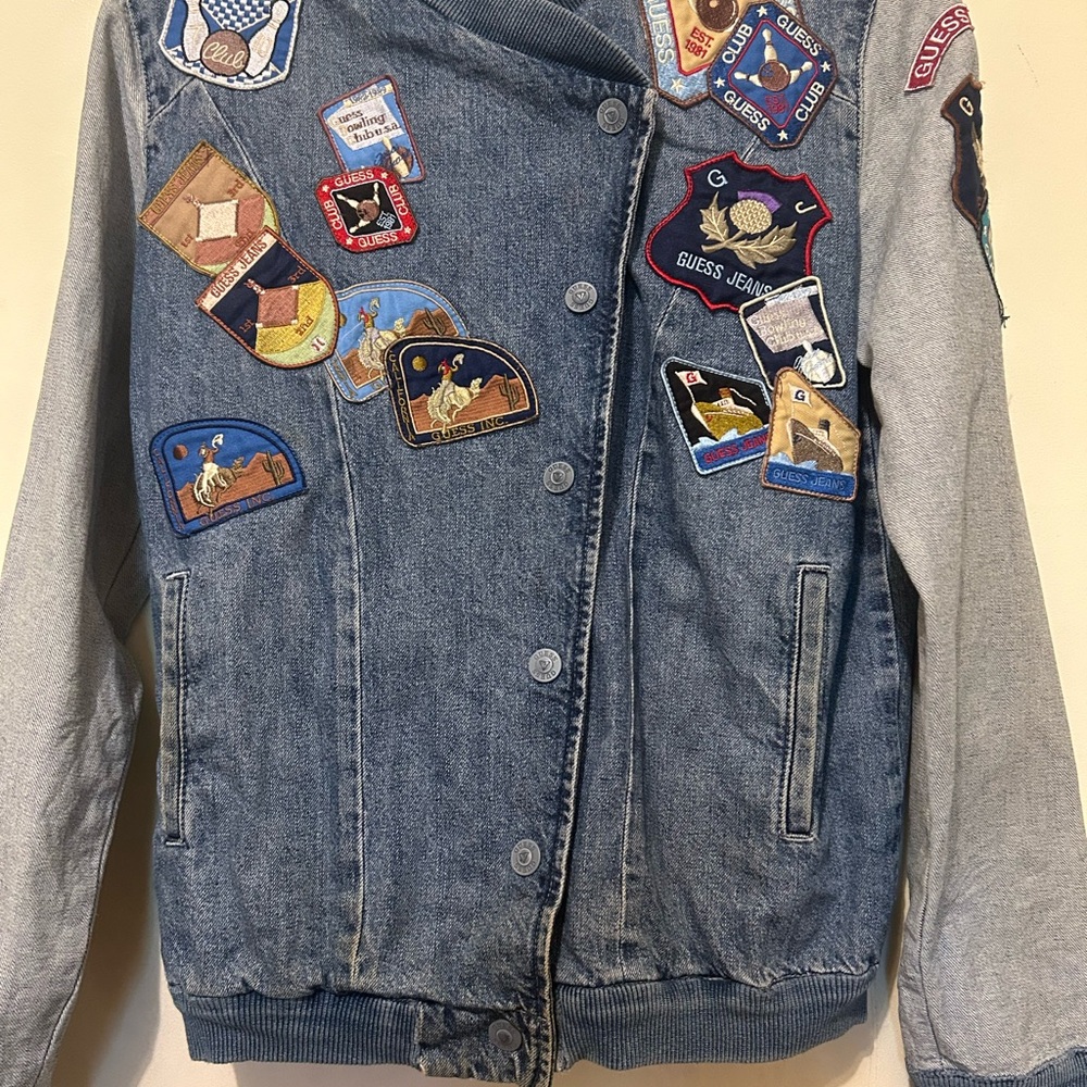 Vintage GUESS Blue Denim Patchwork Jacket S Asymmetrical Bomber
